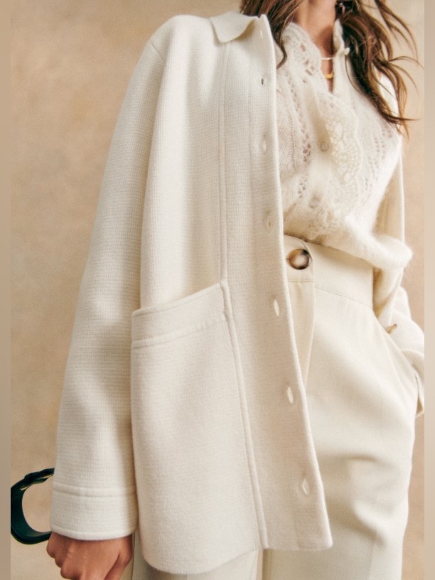 Sezane Will Knit Jacket Cardigan Coatigan Ecru Cream Merino Wool Cotton M